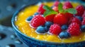 A bowl of a blue and yellow fruit salad with berries, AI Royalty Free Stock Photo