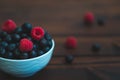Bowl of blueberries and raspberries on a brown table.