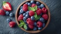 A bowl of blueberries and raspberries with mint leaves, AI Royalty Free Stock Photo