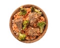 Bowl with boiled rice, meat and broccoli on white background Royalty Free Stock Photo