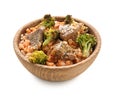 Bowl with boiled rice, meat and broccoli on white background Royalty Free Stock Photo