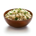 Bowl of boiled rice with parsley isolated on white background Royalty Free Stock Photo