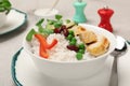 Bowl of boiled rice with vegetables and meat Royalty Free Stock Photo