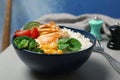 Bowl of boiled rice with vegetables and meat Royalty Free Stock Photo