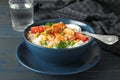 Bowl of boiled rice with vegetables and meat Royalty Free Stock Photo