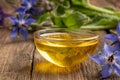 A bowl of borage oil with blooming borage plant