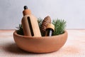 Bowl with bottles of aromatic essential oil, pine branches and cone on color table, closeup