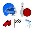 Bowl and bowling pin for bowling, protective helmet for playing baseball, checkbox, referee, whistle for coach or