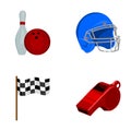 Bowl and bowling pin for bowling, protective helmet for playing baseball, checkbox, referee, whistle for coach or