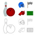 Bowl and bowling pin for bowling, protective helmet for playing baseball, checkbox, referee, whistle for coach or