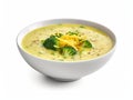 Bowl of broccoli soup with cheese on top