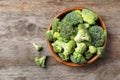 Bowl with broccoli on wooden background, top view Royalty Free Stock Photo