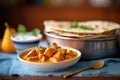 a bowl of butter chicken beside a stack of fresh chapatis Royalty Free Stock Photo