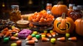 A bowl of candy corn and pumpkins