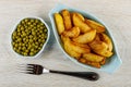 Bowl with green peas, blue plate with fried potato, fork on wooden table. Top view Royalty Free Stock Photo