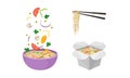 Bowl and Cardboard Box with Chopsticks and Chinese Udon Noodle Vector Set