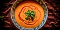 Bowl with carrot cream. Aerial view.