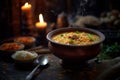 A bowl of carrot, lentil, and rice soup, among other ingredients