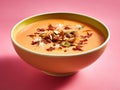 Bowl of carrot soup on a pink background