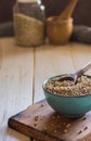 Bowl ceramic filled with buckwheat.