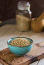 Bowl ceramic filled with buckwheat.