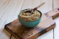 Bowl ceramic filled with buckwheat.