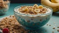 Bowl of cereal with bananas and raisins Royalty Free Stock Photo