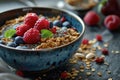 a bowl of cereal, granola, berries and chia seeds