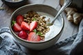 a bowl of cereal, granola, berries and chia seeds