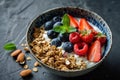a bowl of cereal, granola, berries and chia seeds
