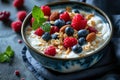 a bowl of cereal, granola, berries and chia seeds