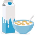 Bowl of cereal and milk carton. Vector Illustration Royalty Free Stock Photo