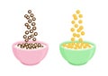 Bowl of cereal milk and chocolate vector breakfast. Rolled oats. Different sweet flavors. Falling cornflakes. Healthy food for Royalty Free Stock Photo