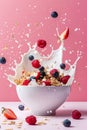 bowl of cereal with milk splashing and berries flying around, plain bright background. morning granola breakfast with