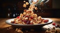 a bowl of cereal with nuts and raisins being poured into it Royalty Free Stock Photo
