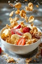 A bowl of cereal with strawberries, bananas and granola Royalty Free Stock Photo