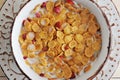 Bowl of cereal and strawberries and milk close up Royalty Free Stock Photo