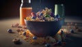 bowl of cereals, milk, juice and dried fruits. Generative AI.