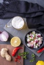 A bowl of ceviche and a mug of cold beer Royalty Free Stock Photo