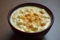 A bowl of Chanar Payesh with saffron garnish. Royalty Free Stock Photo