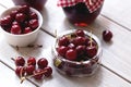 Bowl of cherries and homemade jam in jar Royalty Free Stock Photo