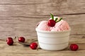 Bowl of cherry chocolate ice cream, still life over wood