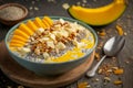 Bowl of chia seeds with mangoes and nuts. Generative AI