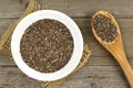 Bowl of chia seeds on wood with spoon