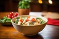 bowl of chicken caesar salad with a focus on a cherry tomato garnish Royalty Free Stock Photo