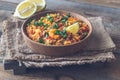 Bowl of chicken and chorizo paella Royalty Free Stock Photo