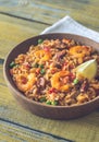 Bowl of chicken and chorizo paella Royalty Free Stock Photo