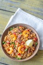 Bowl of chicken and chorizo paella Royalty Free Stock Photo