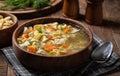 Bowl of chicken noodle soup on a wooden table Royalty Free Stock Photo