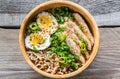 Bowl of chicken ramen soup on the wooden table Royalty Free Stock Photo